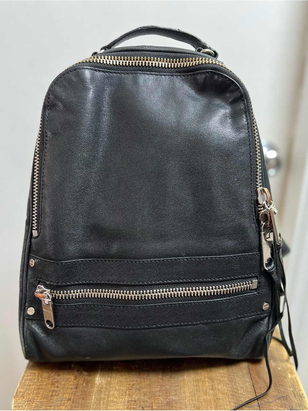 Milly Black Leather industrial Zippers Backpack